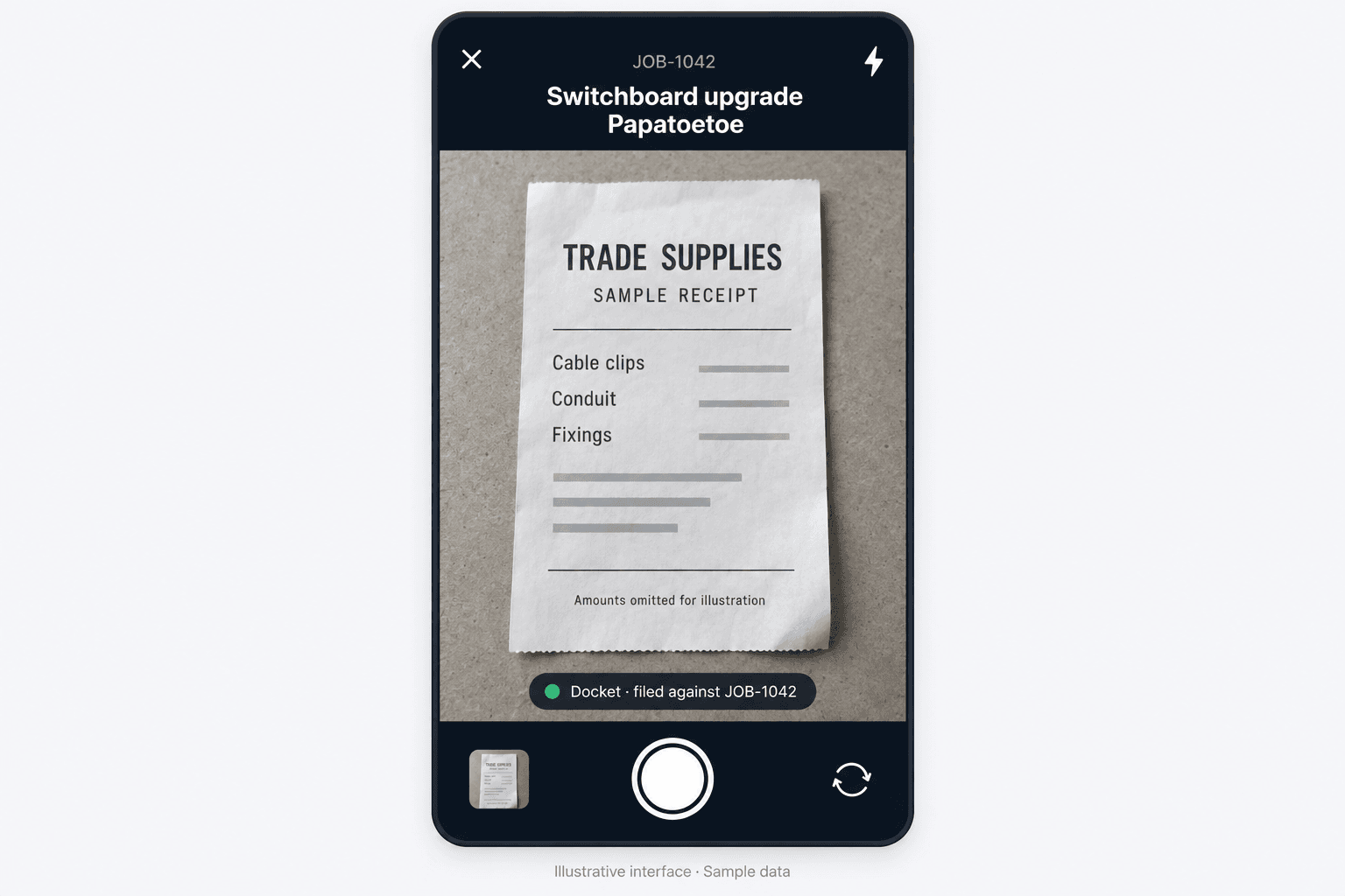 Illustrative mobile receipt-capture screen with job JOB-1042, Switchboard upgrade in Papatoetoe, displayed above a sample trade-supplies receipt.