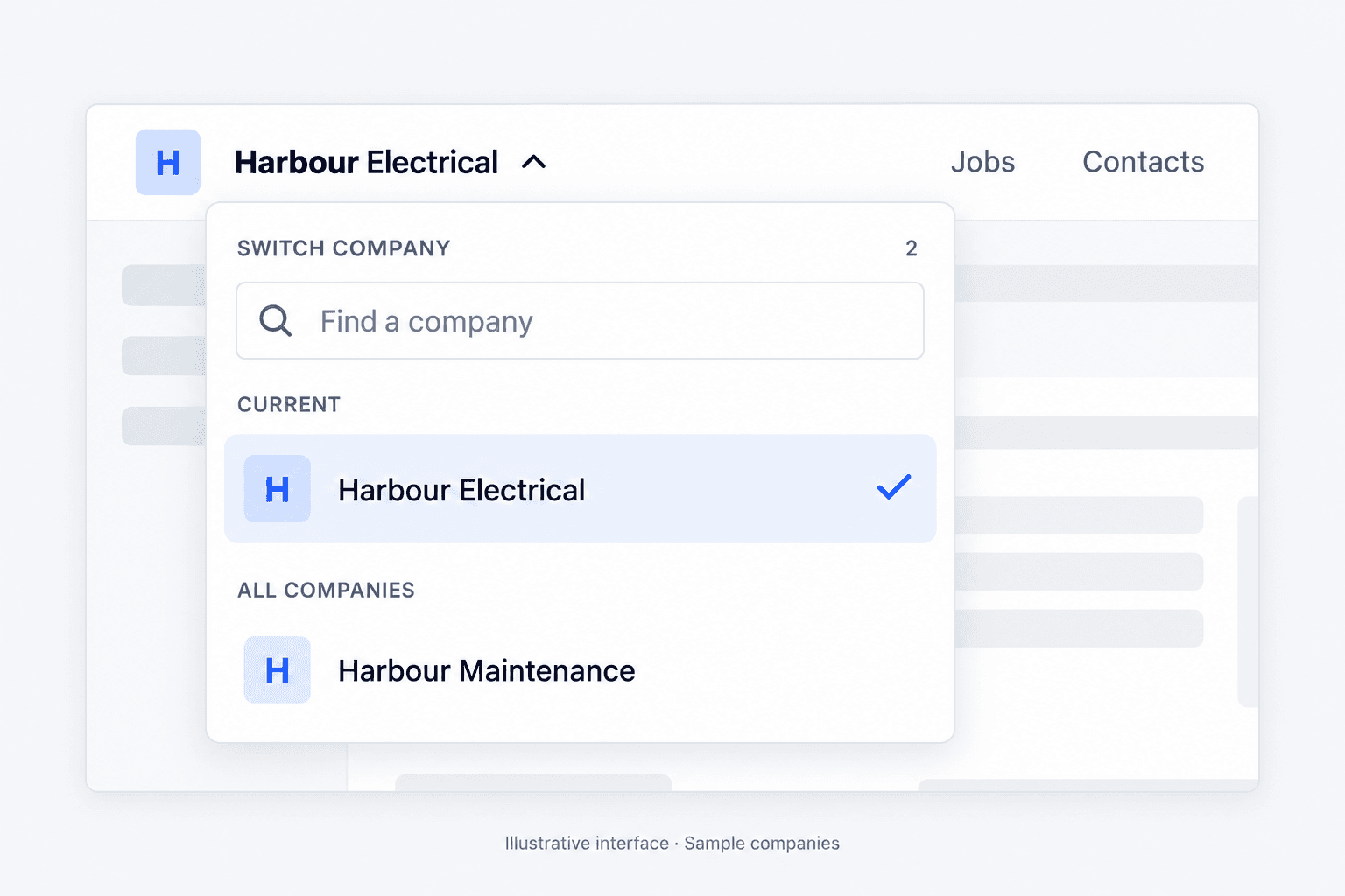 The company switcher shown in the interface, listing two plausibly named companies with one currently active. Clean, minimal, sample data, no logos, no dollar figures.