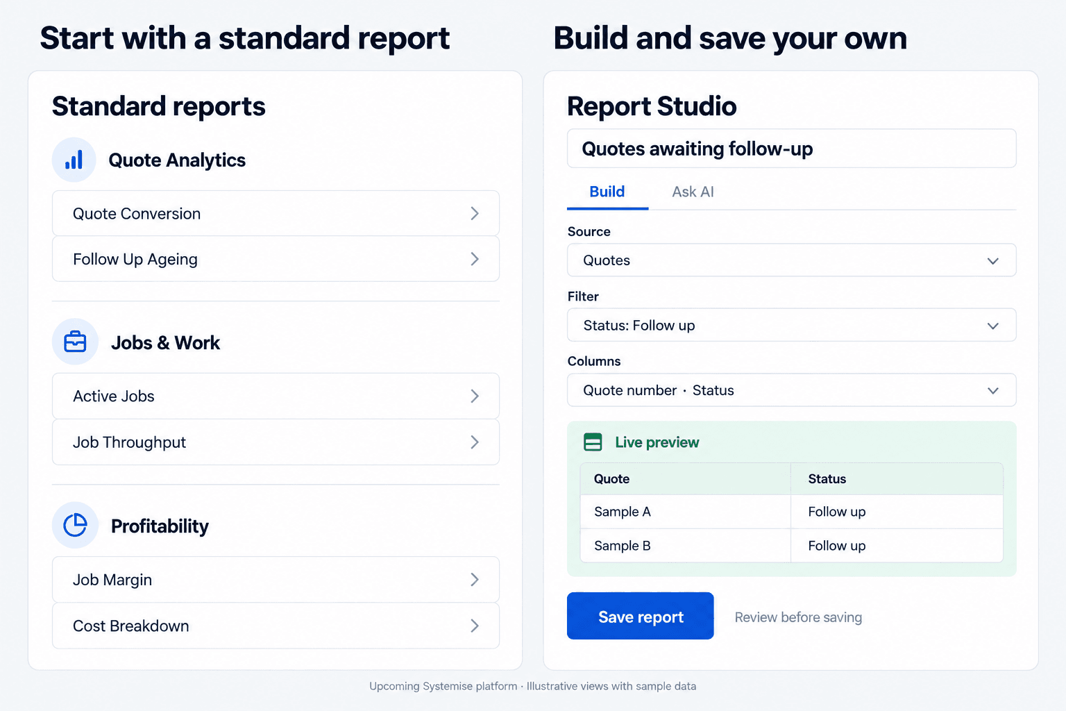 Standard reports beside an illustrative Report Studio with a Quotes source, Follow up status filter, selected columns and a live preview of sample records.