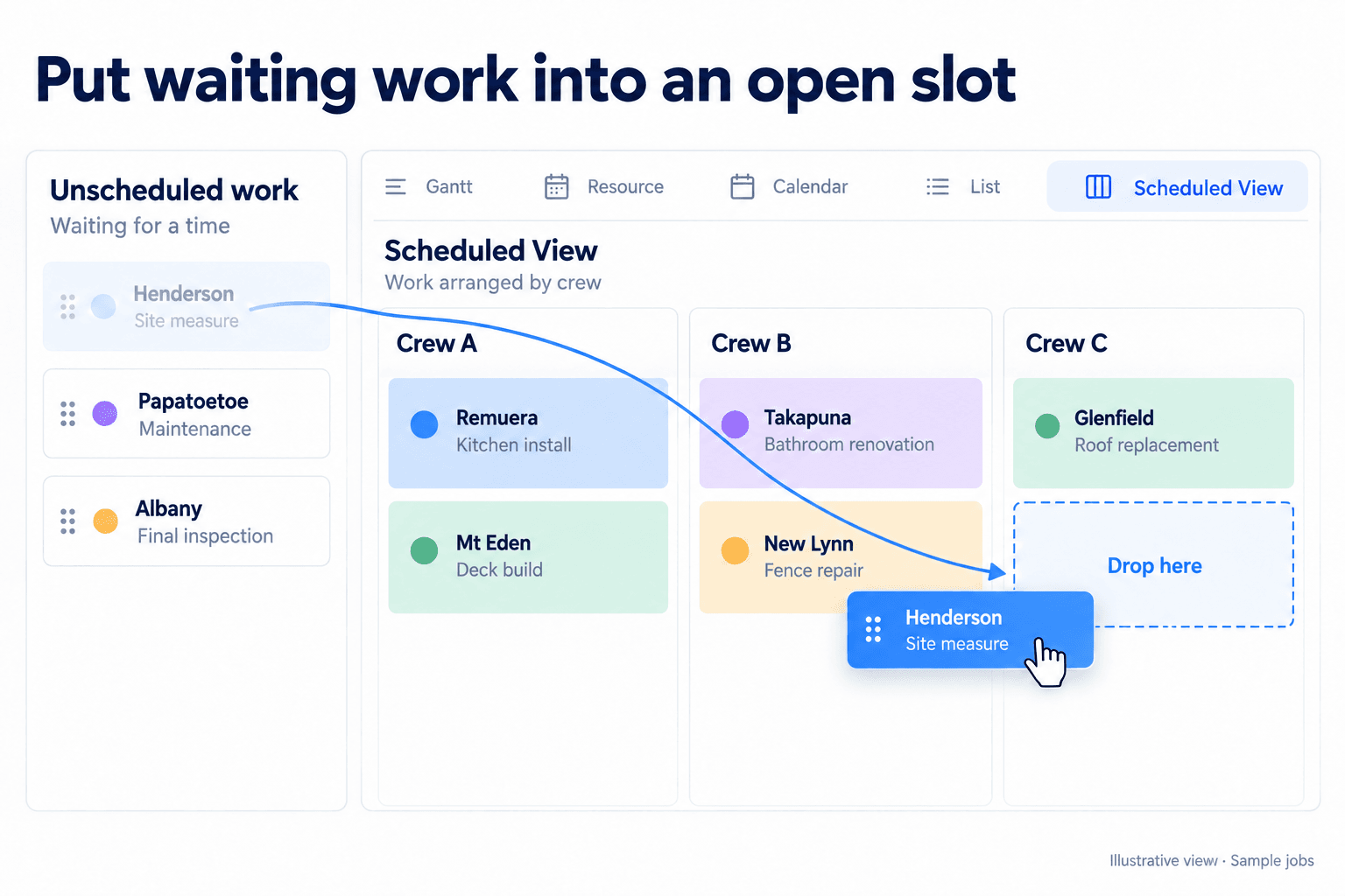 Job & Tasks Schedule view with the Crews split into columns